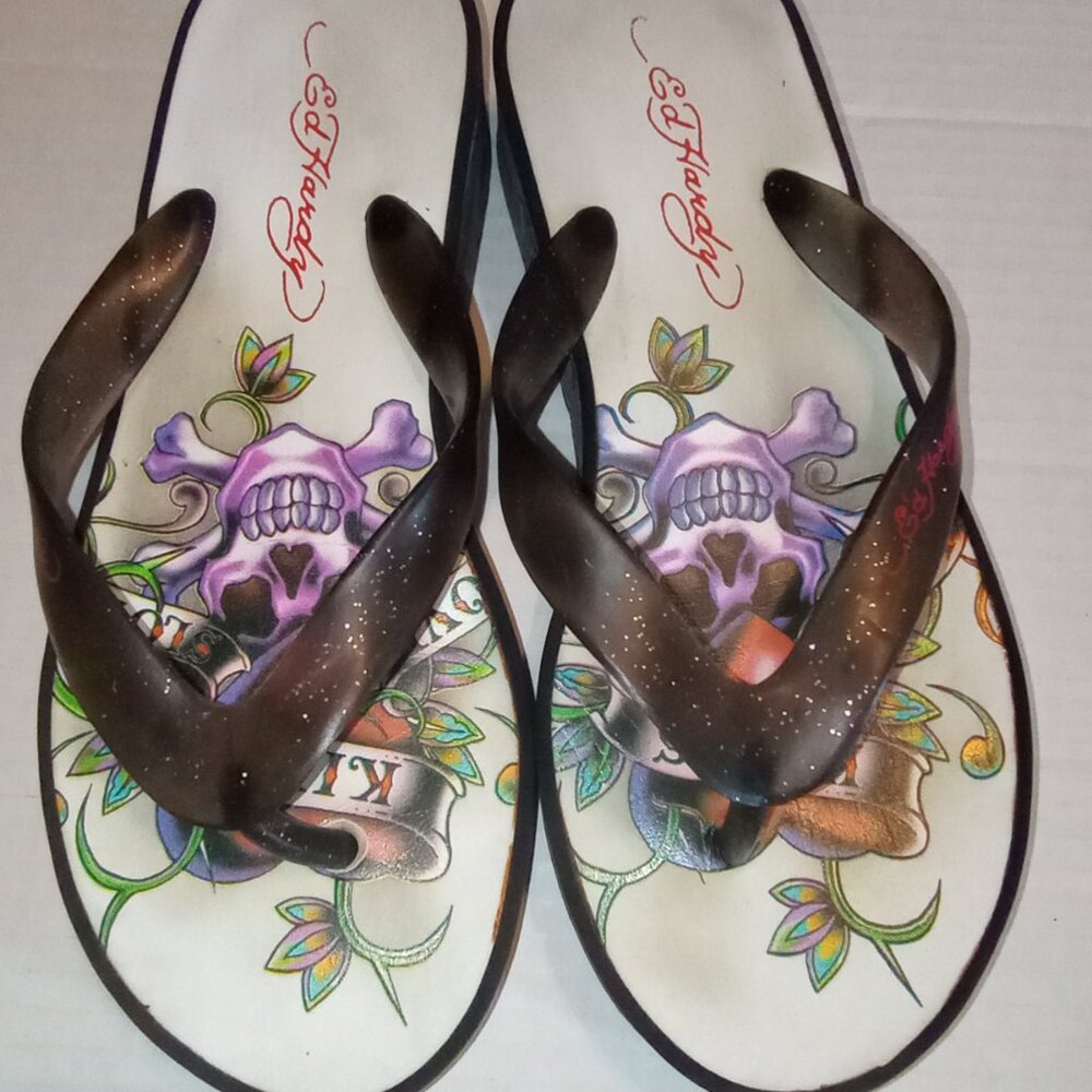 Ed Hardy Y2K Vintage SKULLS Love Kills Slow Wedge Flip Flops Size Approx. 6-6.5 - Picture 13 of 16